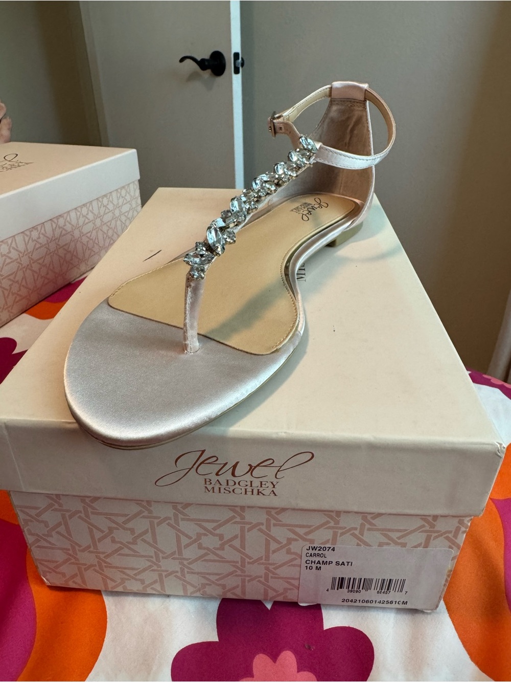 Jewel Badgley Mischka Champagne Satin Jeweled T-Strap Sandals